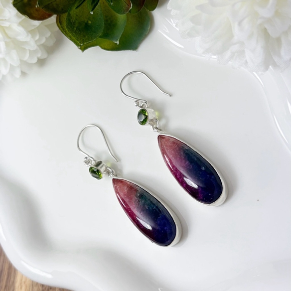 Peridot and Rainbow Quartz Gemstone Earrings Sterling Silver 925 New - Picture 3 of 7